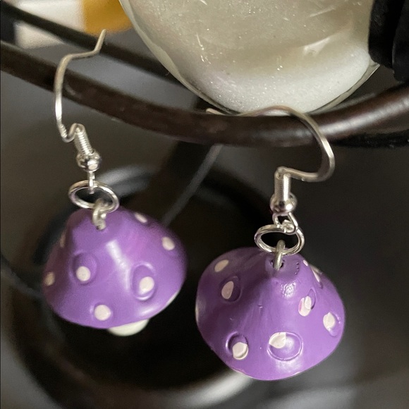 Hand Crafted Purple and White Ceramic Mushroom Earrings - Picture 2 of 5